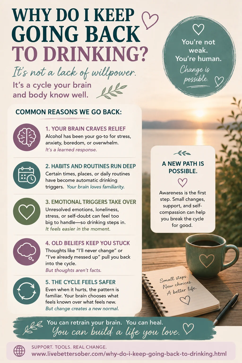Why Do I Keep Going Back to Drinking? Infographic Infographic explaining emotional and behavioral reasons why people keep going back to drinking and how change is possible