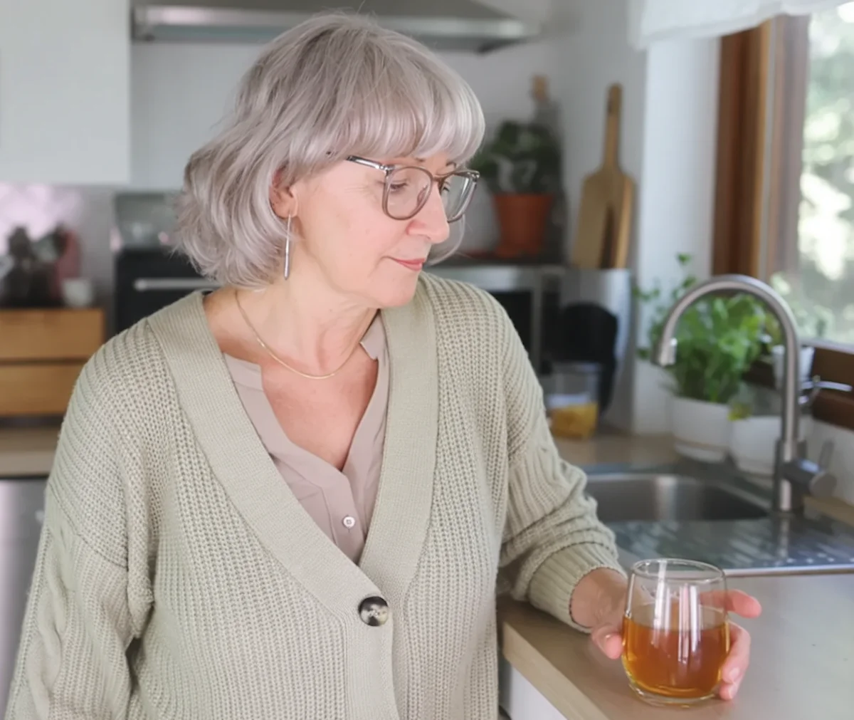 Woman holding a drink in kitchen, reflecting a familiar drinking routine