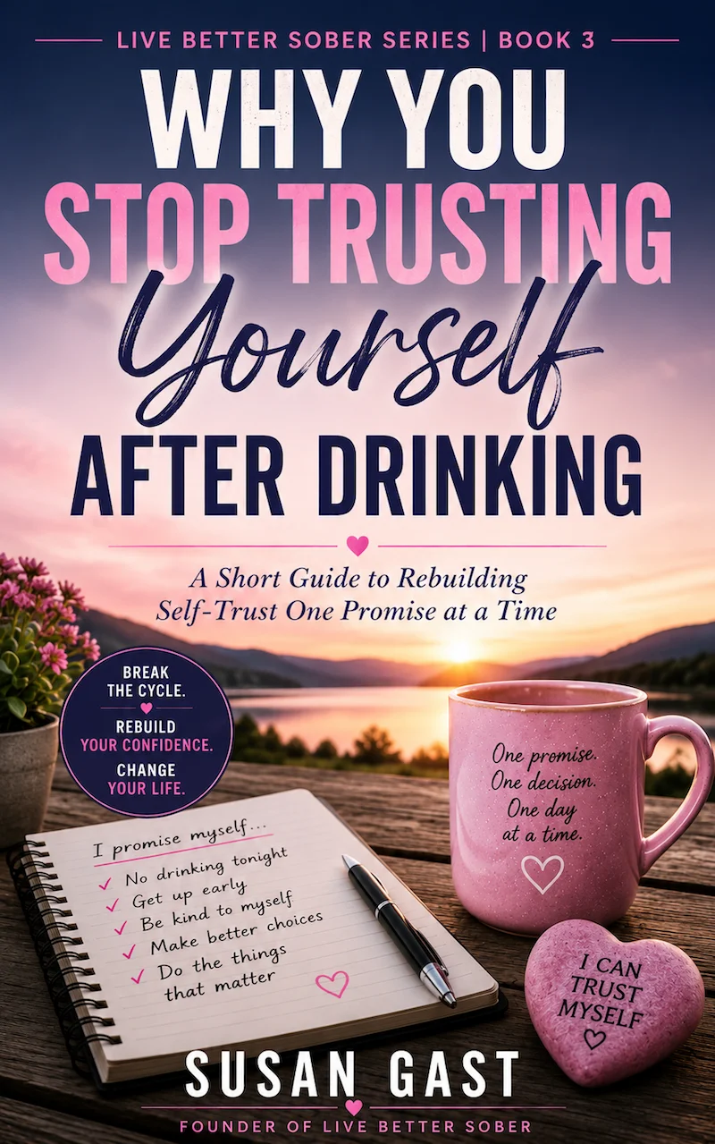 Book cover for Why You Stop Trusting Yourself After Drinking by Susan Gast featuring a notebook of personal promises, a coffee mug, and a self-trust message overlooking a sunrise.