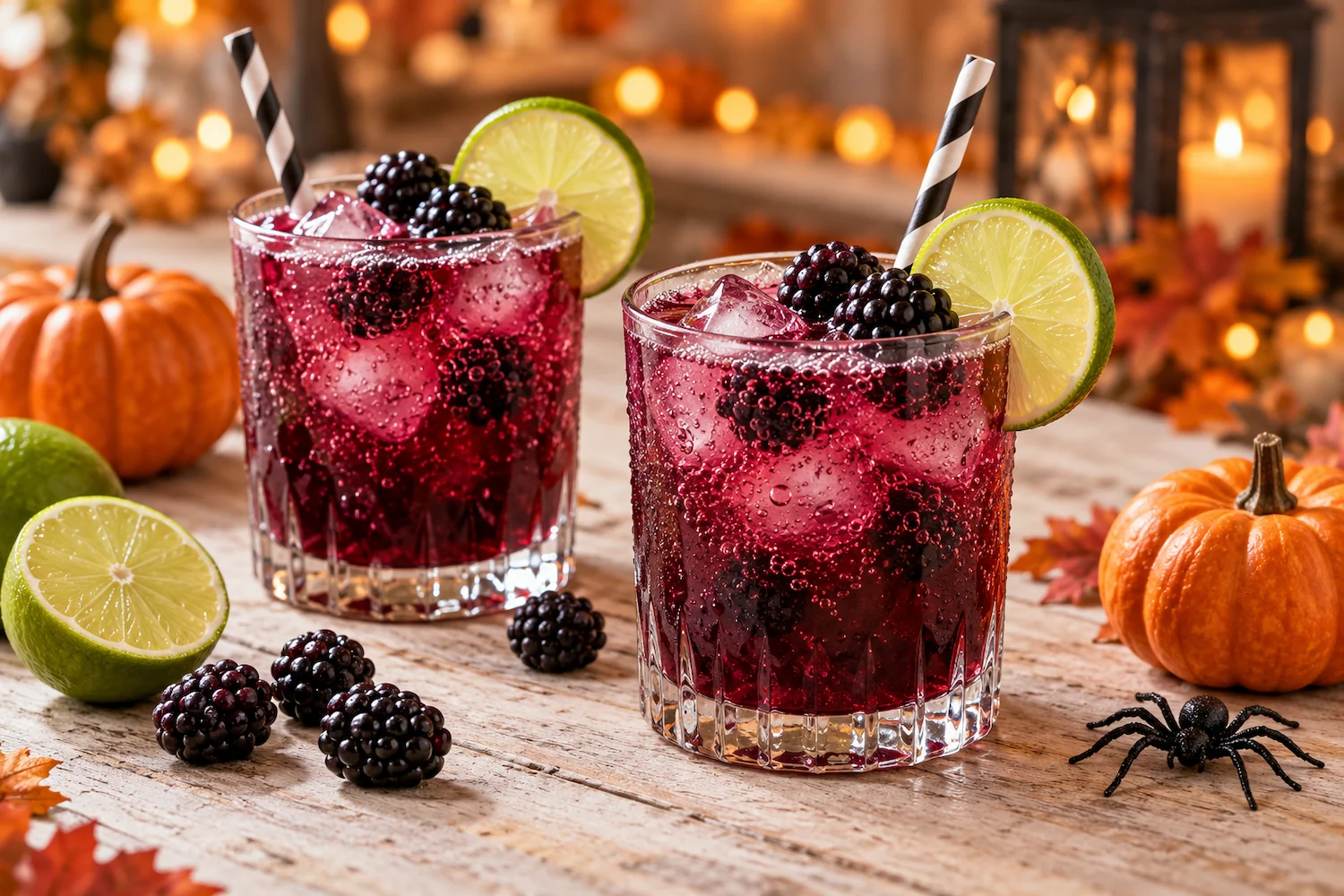 Two blackberry fizz mocktails with ice, blackberries, and lime wheels beside small pumpkins and a decorative spider