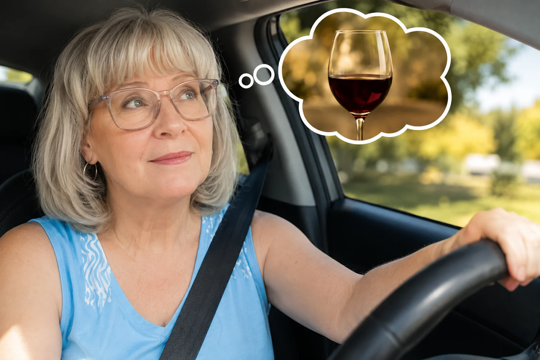Woman driving home while thinking about a glass of wine, illustrating the Wine O'Clock habit loop and evening drinking triggers.
