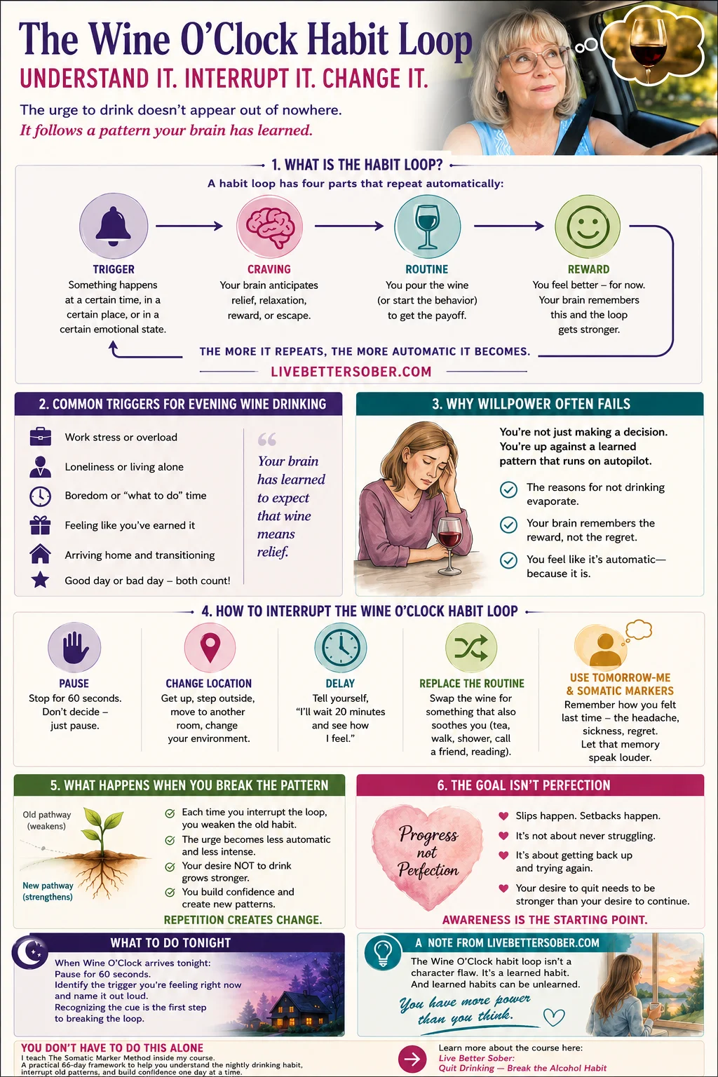 Wine O'Clock habit loop infographic explaining how evening drinking habits form and how to break them.