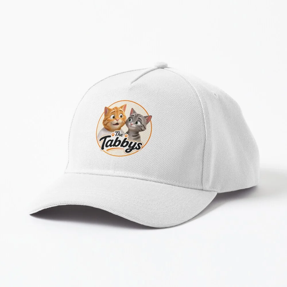 White baseball cap featuring The Tabbys logo with George and Maggie the tabby cats.