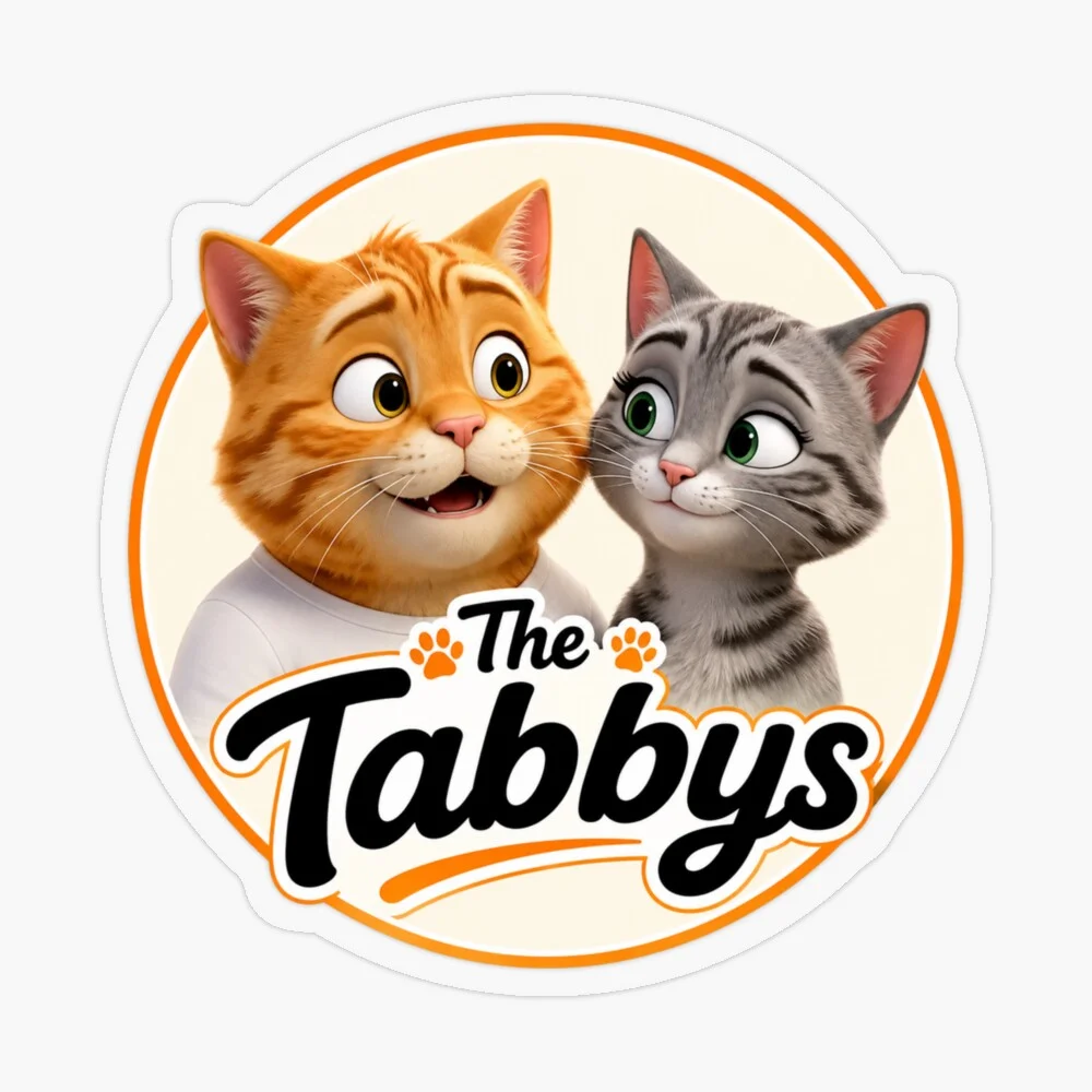Transparent sticker featuring The Tabbys logo with George and Maggie the tabby cats.