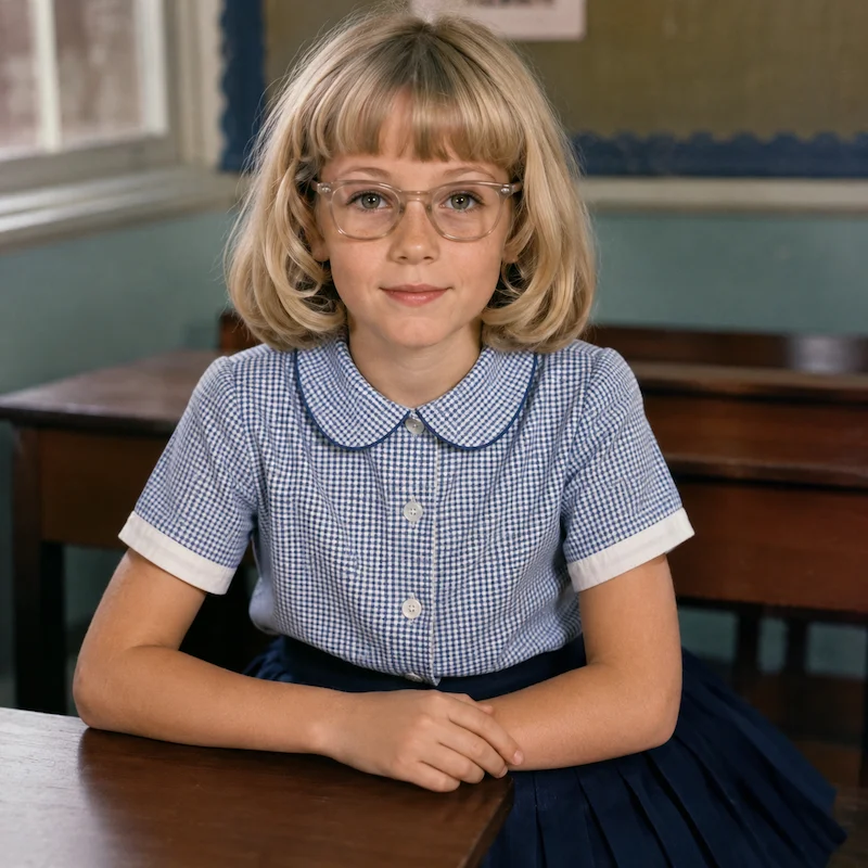 Young Susan as a shy schoolgirl in England sitting at her classroom desk